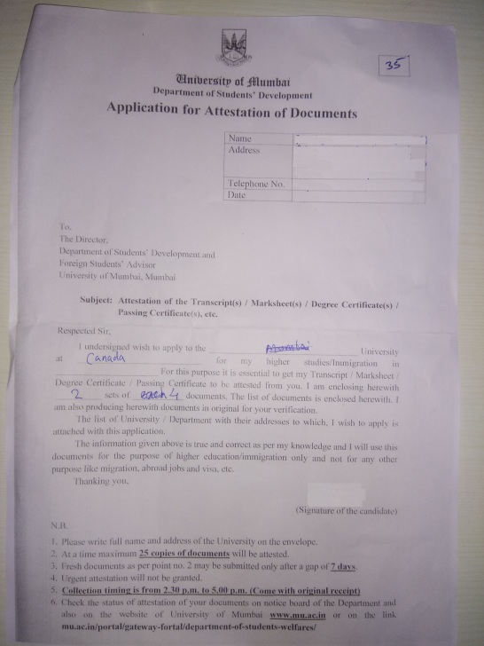 Mumbai University application for Documents Attestation